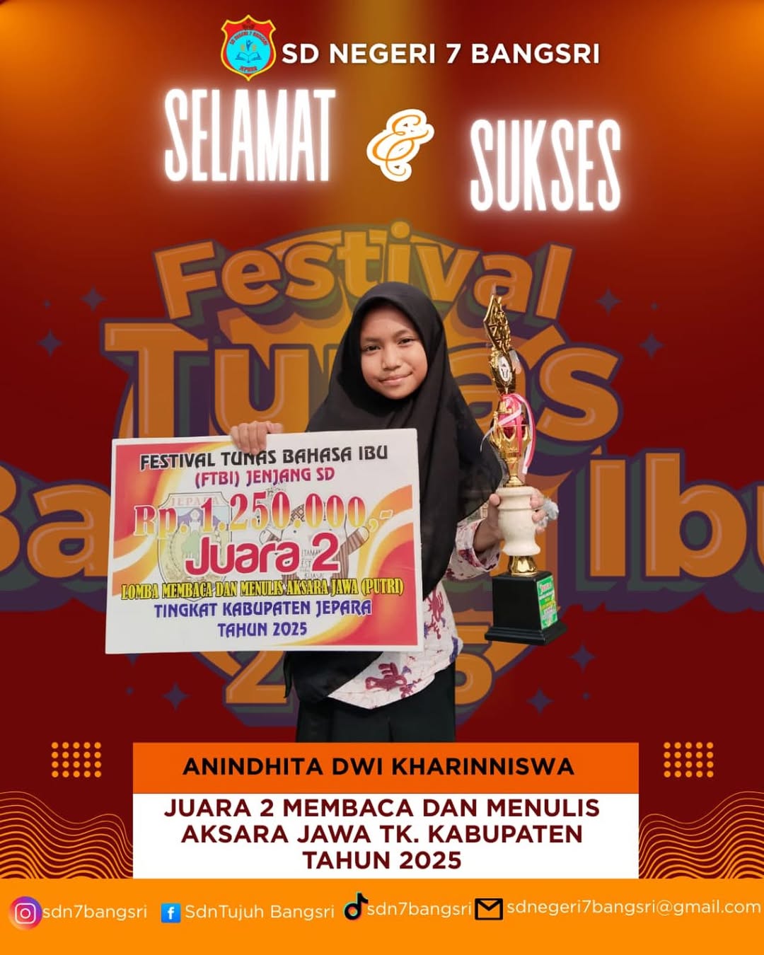 Juara 2 Membaca dan Menulis Aksara Jawa TK.Kabupaten Tahun 2025